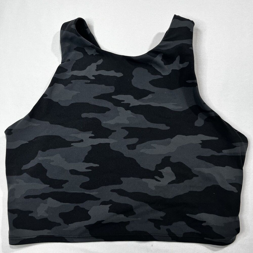 Athleta Conscious Crop Camo High Neck Tank Top Sports Bra Size L Black Gray